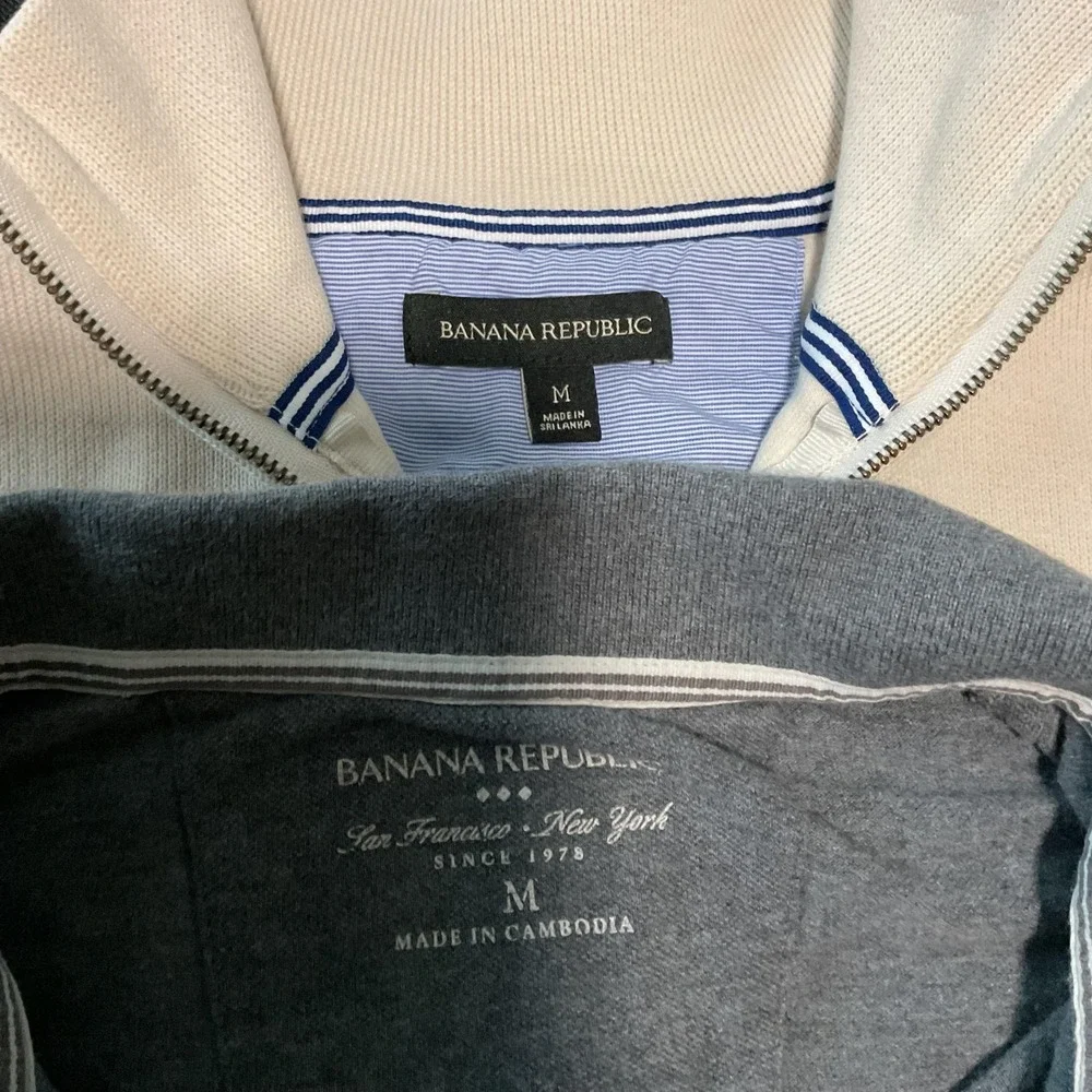 Banana Republic Sweater Mens Medium White 1/4 Zip Mock Neck + Gray Polo Lot Of 2
